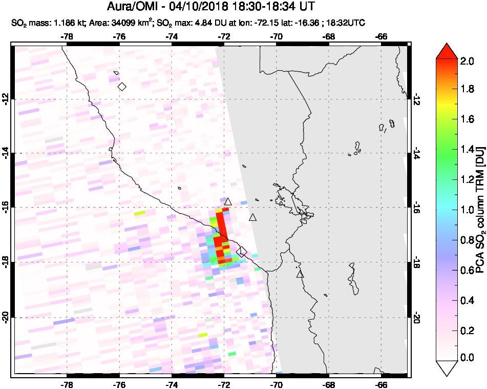 A sulfur dioxide image over Peru on Apr 10, 2018.