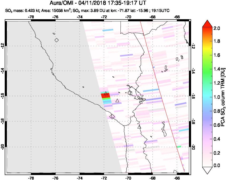 A sulfur dioxide image over Peru on Apr 11, 2018.