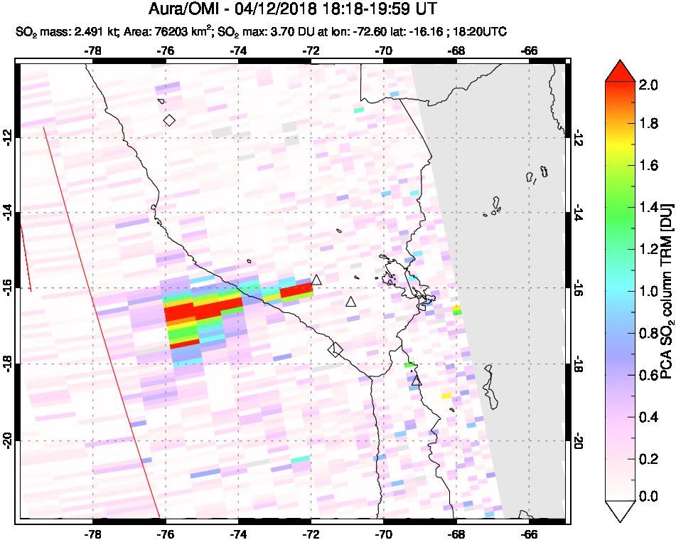 A sulfur dioxide image over Peru on Apr 12, 2018.