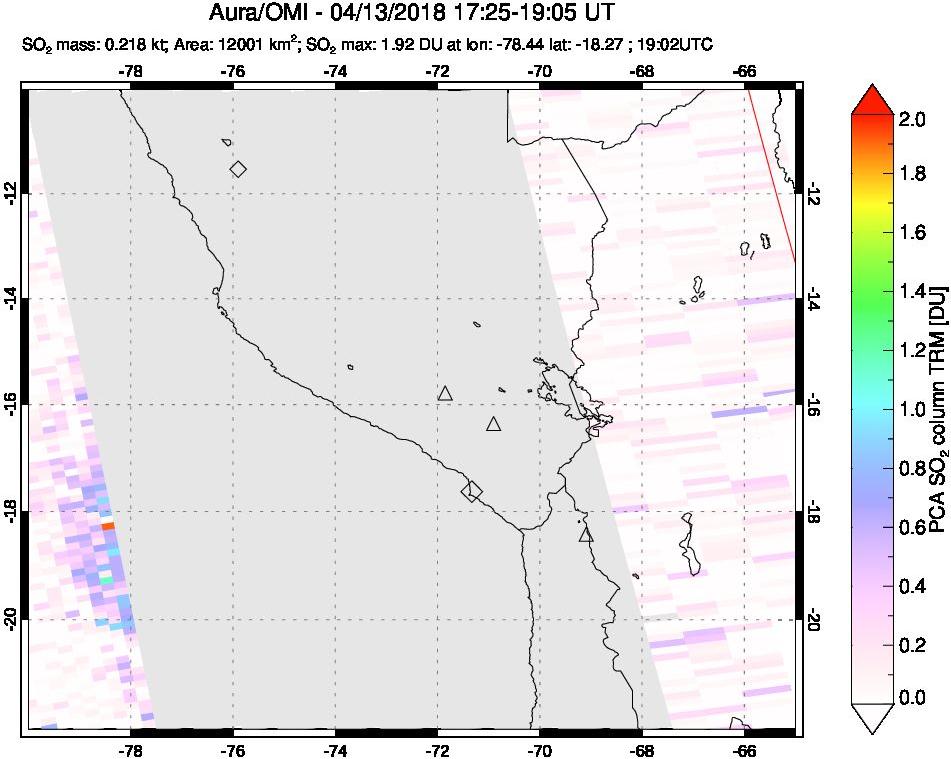A sulfur dioxide image over Peru on Apr 13, 2018.