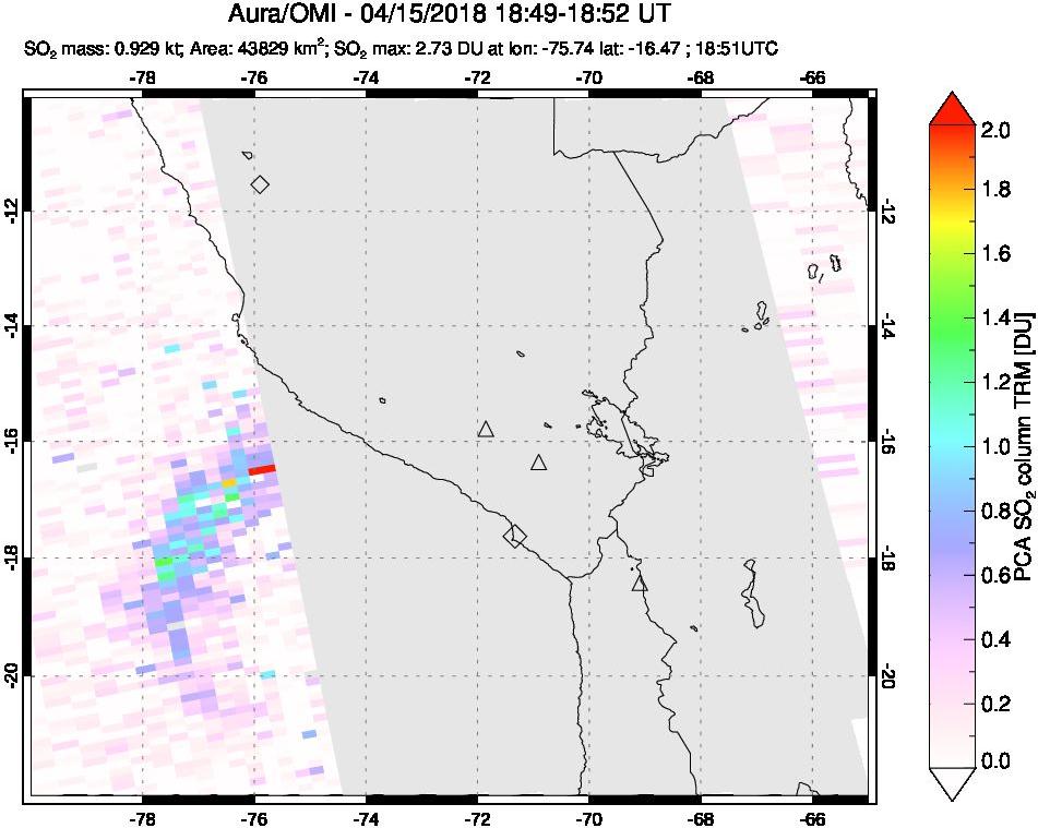 A sulfur dioxide image over Peru on Apr 15, 2018.