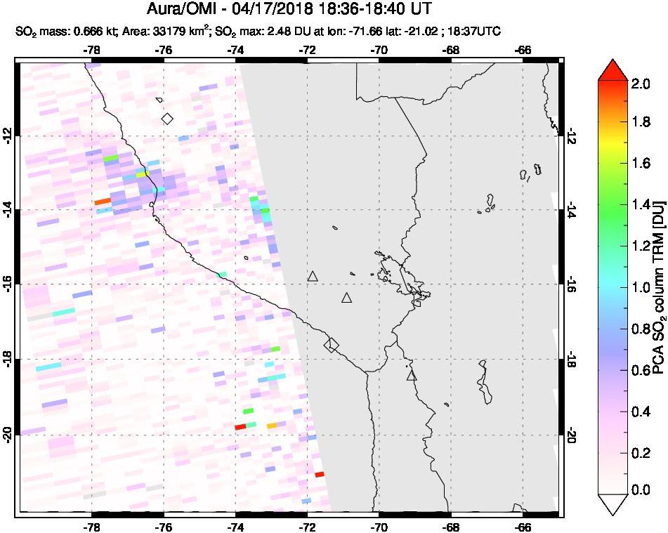 A sulfur dioxide image over Peru on Apr 17, 2018.