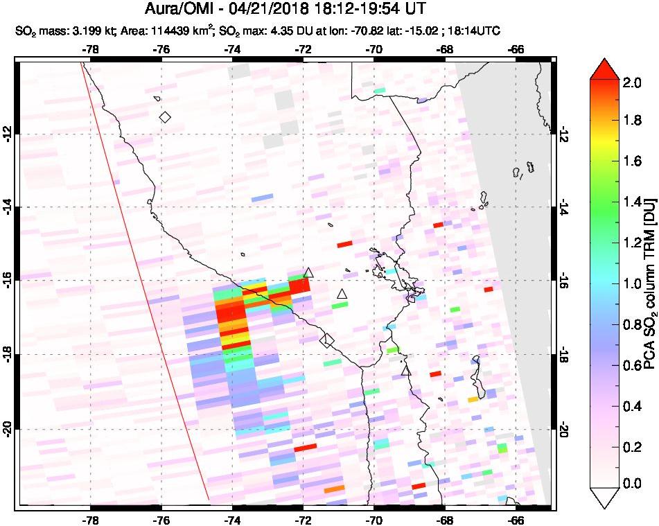 A sulfur dioxide image over Peru on Apr 21, 2018.