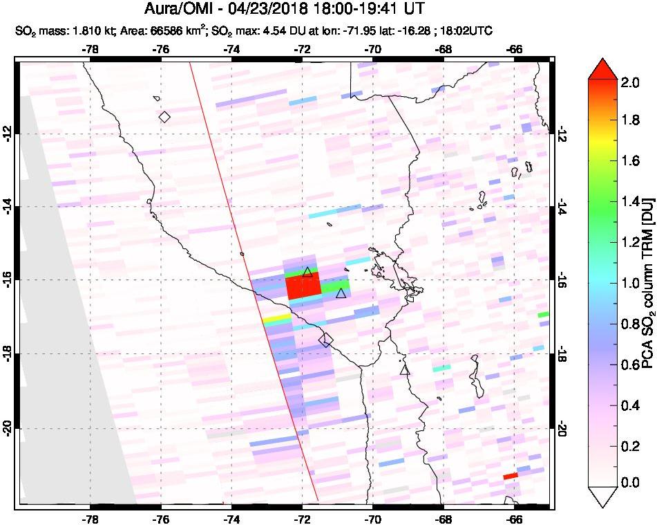 A sulfur dioxide image over Peru on Apr 23, 2018.