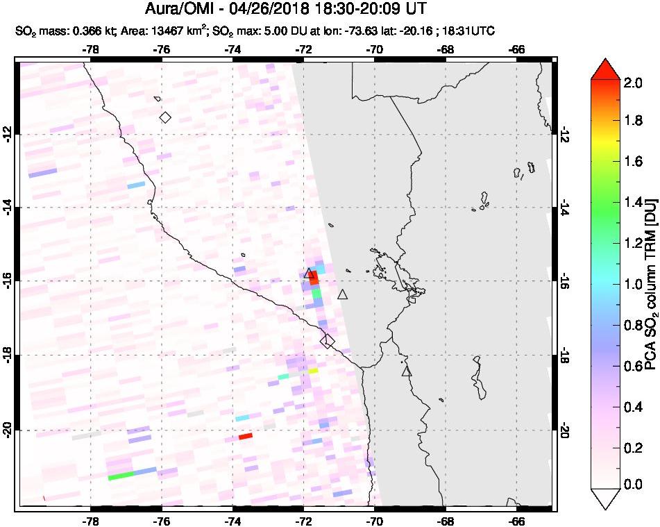 A sulfur dioxide image over Peru on Apr 26, 2018.