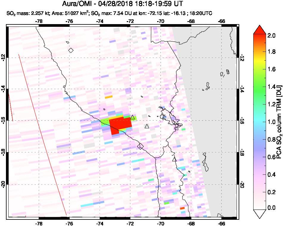 A sulfur dioxide image over Peru on Apr 28, 2018.