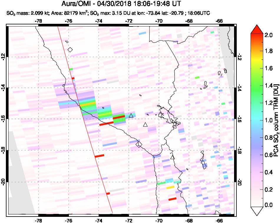 A sulfur dioxide image over Peru on Apr 30, 2018.
