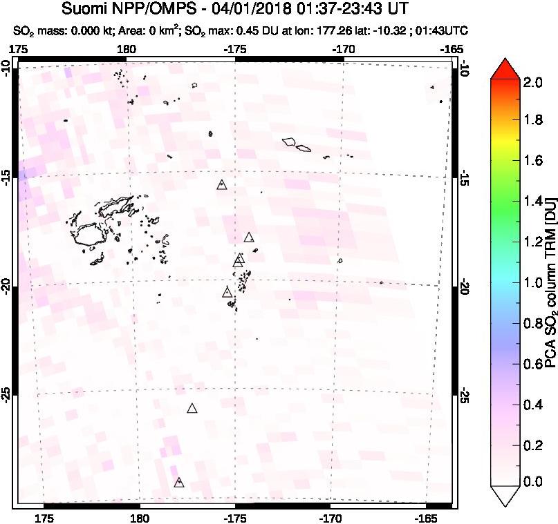 A sulfur dioxide image over Tonga, South Pacific on Apr 01, 2018.