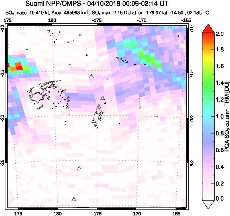 A sulfur dioxide image over Tonga, South Pacific on Apr 10, 2018.