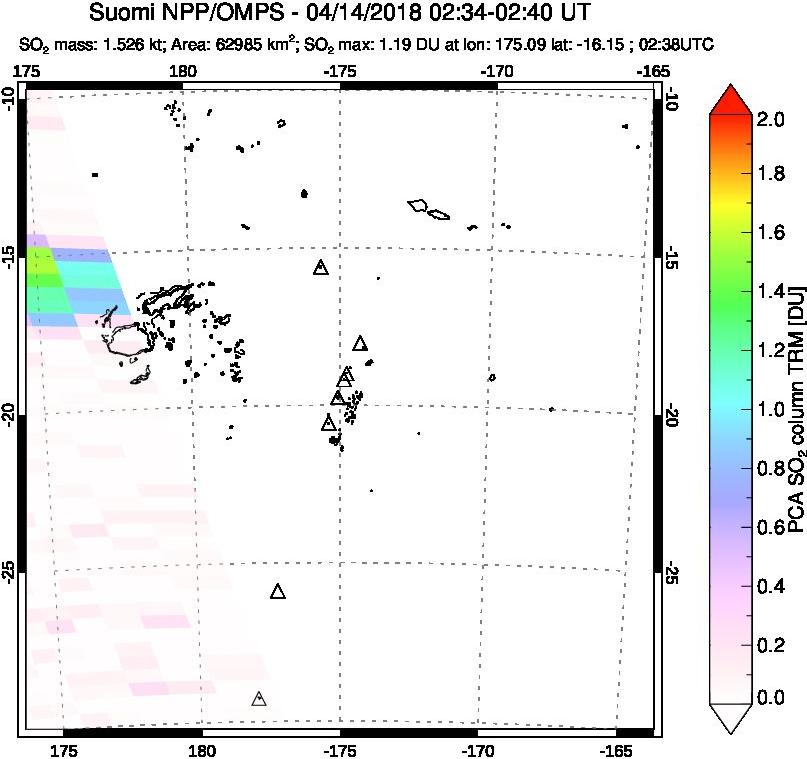 A sulfur dioxide image over Tonga, South Pacific on Apr 14, 2018.