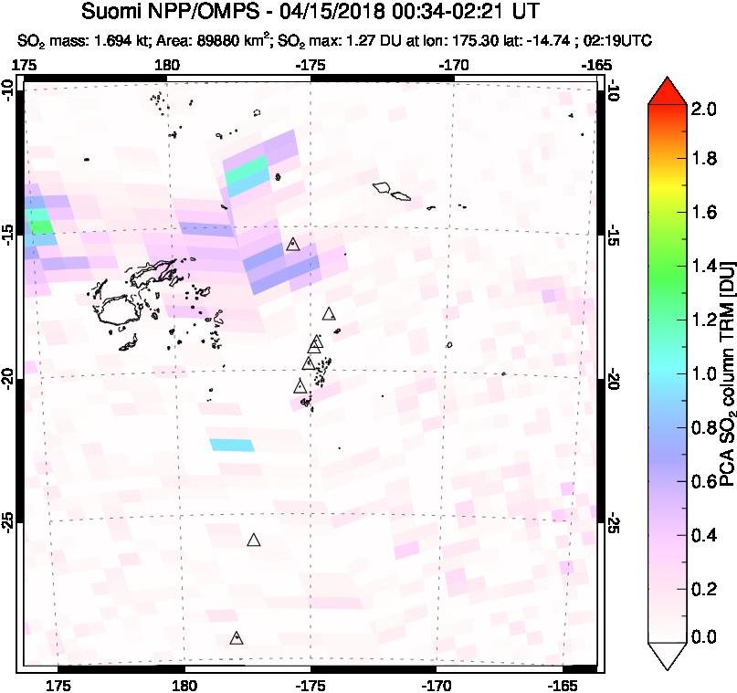 A sulfur dioxide image over Tonga, South Pacific on Apr 15, 2018.