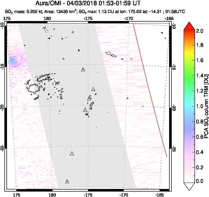 A sulfur dioxide image over Tonga, South Pacific on Apr 03, 2018.