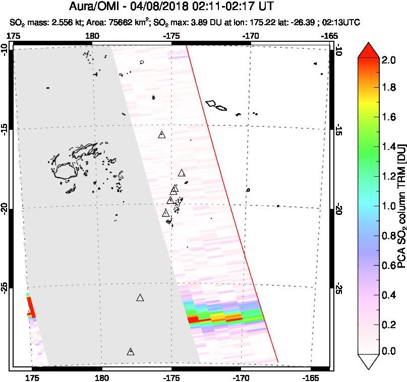 A sulfur dioxide image over Tonga, South Pacific on Apr 08, 2018.