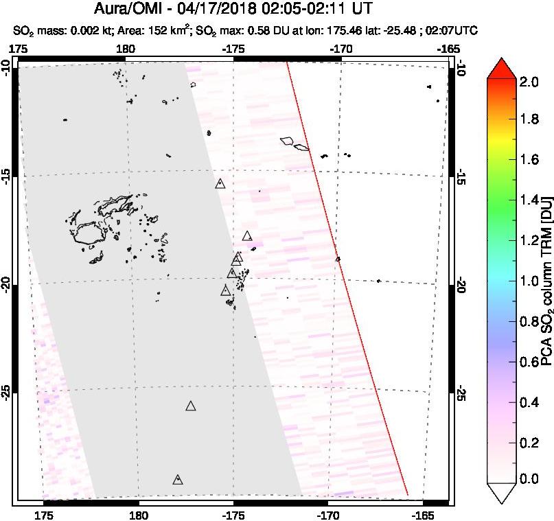 A sulfur dioxide image over Tonga, South Pacific on Apr 17, 2018.