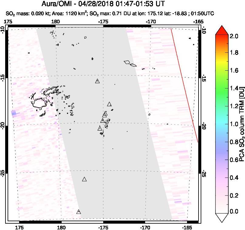 A sulfur dioxide image over Tonga, South Pacific on Apr 28, 2018.