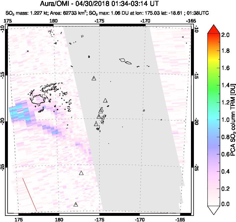 A sulfur dioxide image over Tonga, South Pacific on Apr 30, 2018.