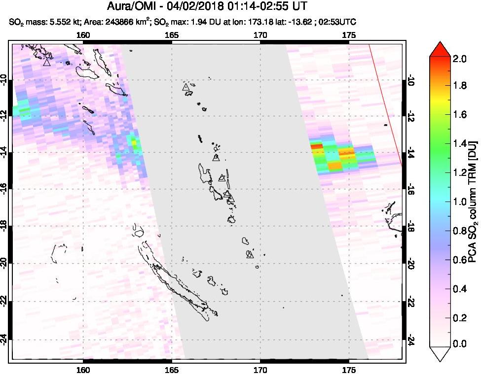 A sulfur dioxide image over Vanuatu, South Pacific on Apr 02, 2018.