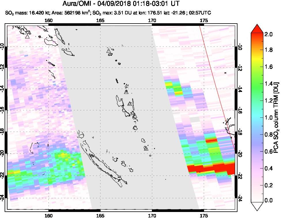 A sulfur dioxide image over Vanuatu, South Pacific on Apr 09, 2018.