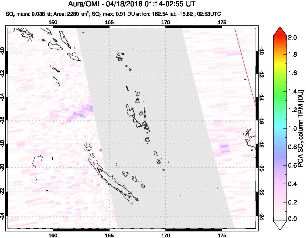 A sulfur dioxide image over Vanuatu, South Pacific on Apr 18, 2018.