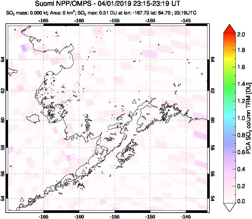 A sulfur dioxide image over Alaska, USA on Apr 01, 2019.