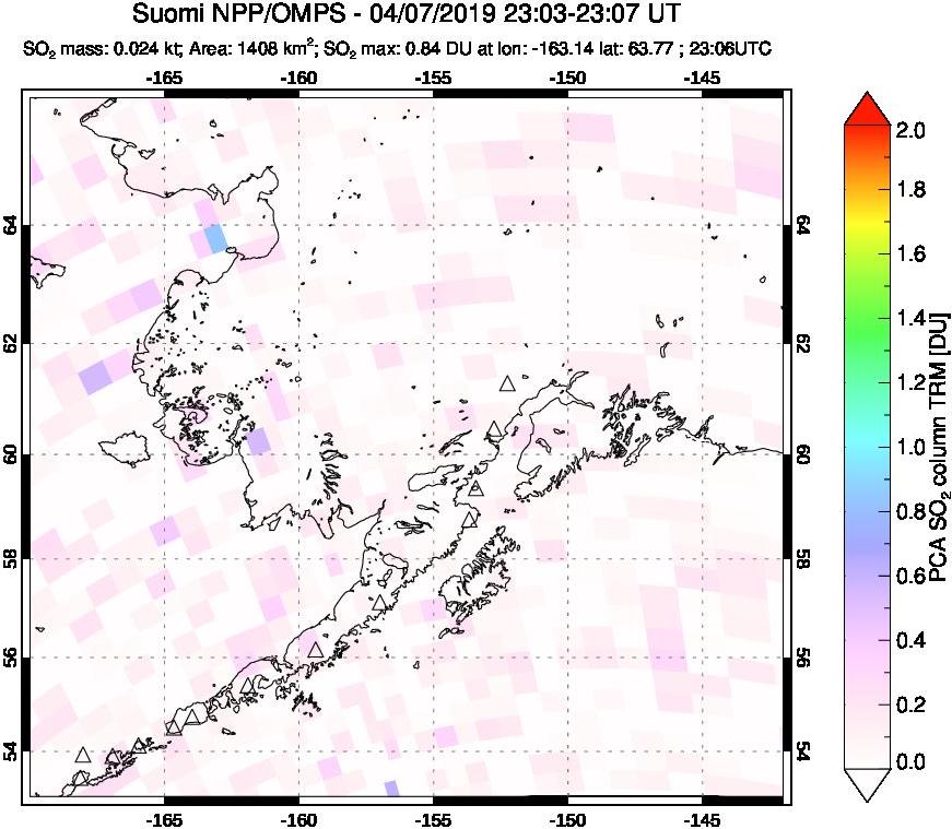 A sulfur dioxide image over Alaska, USA on Apr 07, 2019.