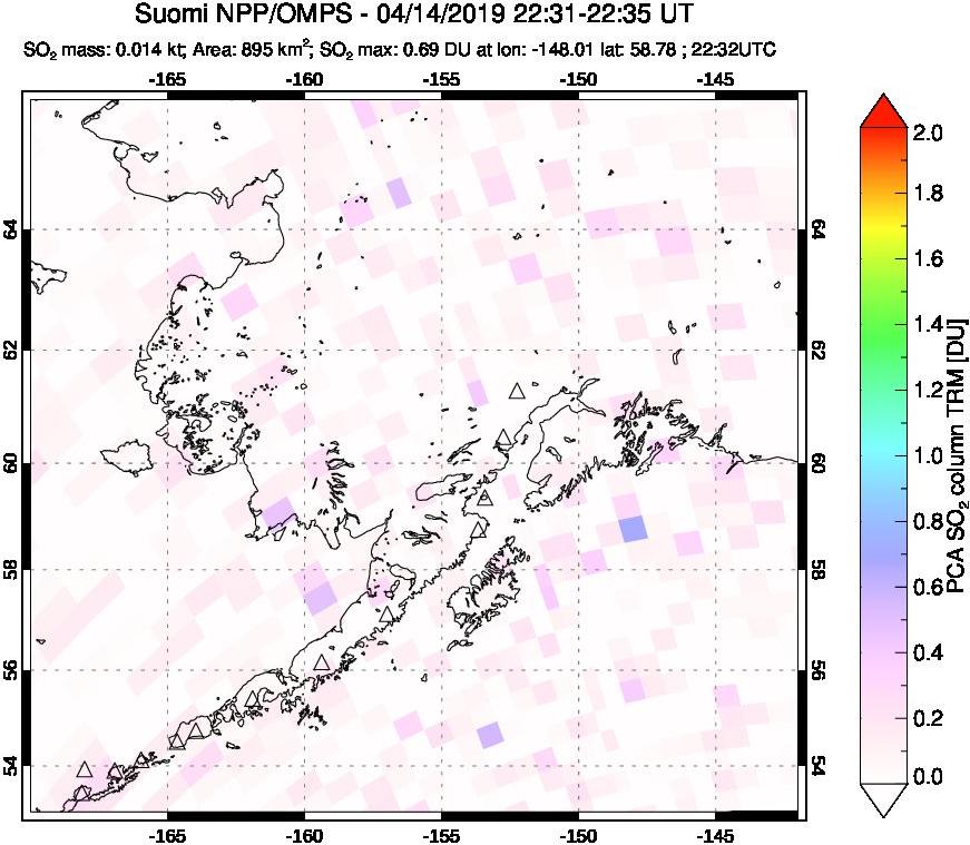 A sulfur dioxide image over Alaska, USA on Apr 14, 2019.