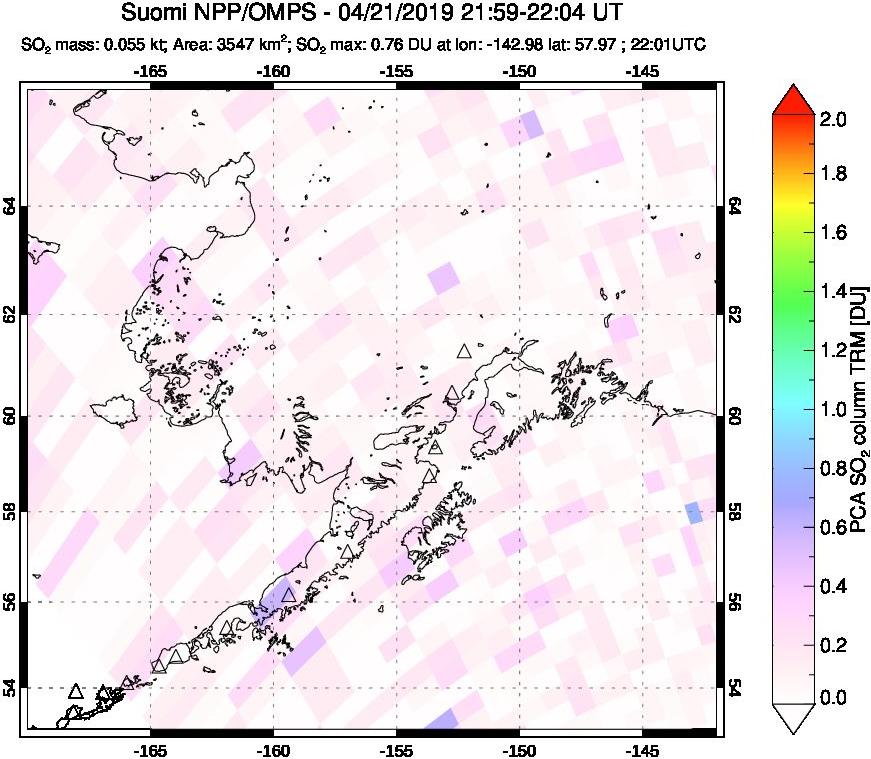 A sulfur dioxide image over Alaska, USA on Apr 21, 2019.
