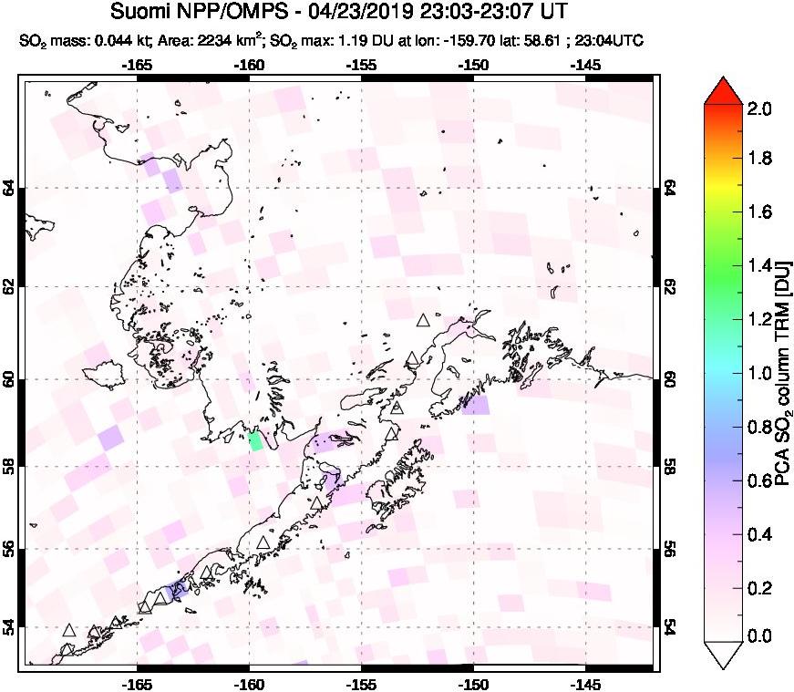 A sulfur dioxide image over Alaska, USA on Apr 23, 2019.