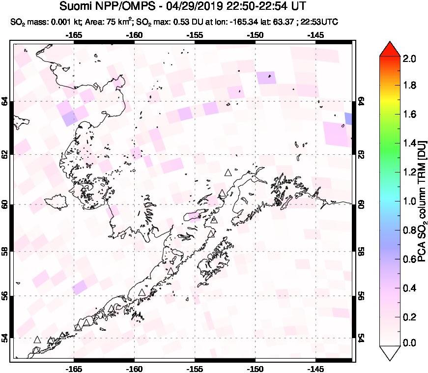 A sulfur dioxide image over Alaska, USA on Apr 29, 2019.