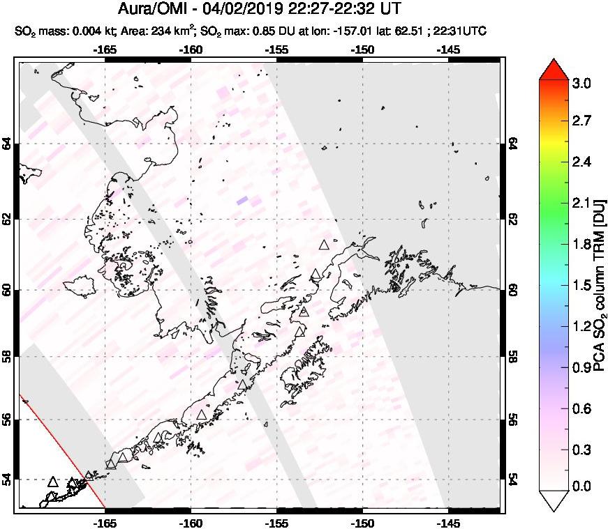 A sulfur dioxide image over Alaska, USA on Apr 02, 2019.