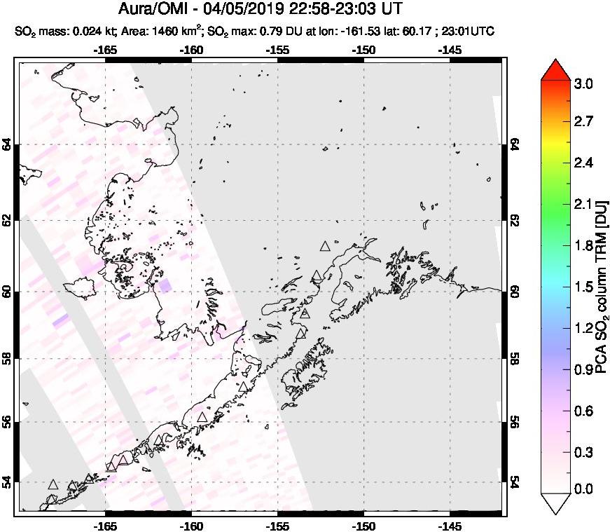A sulfur dioxide image over Alaska, USA on Apr 05, 2019.