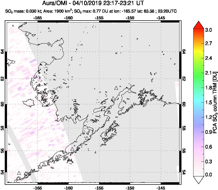 A sulfur dioxide image over Alaska, USA on Apr 10, 2019.