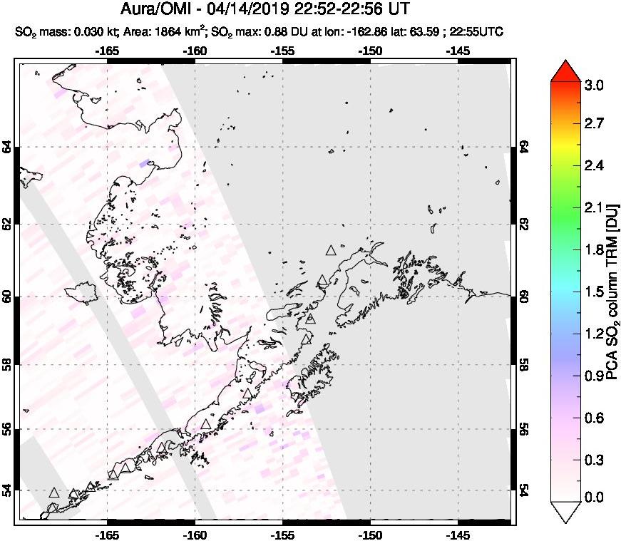 A sulfur dioxide image over Alaska, USA on Apr 14, 2019.