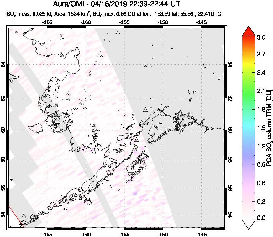 A sulfur dioxide image over Alaska, USA on Apr 16, 2019.