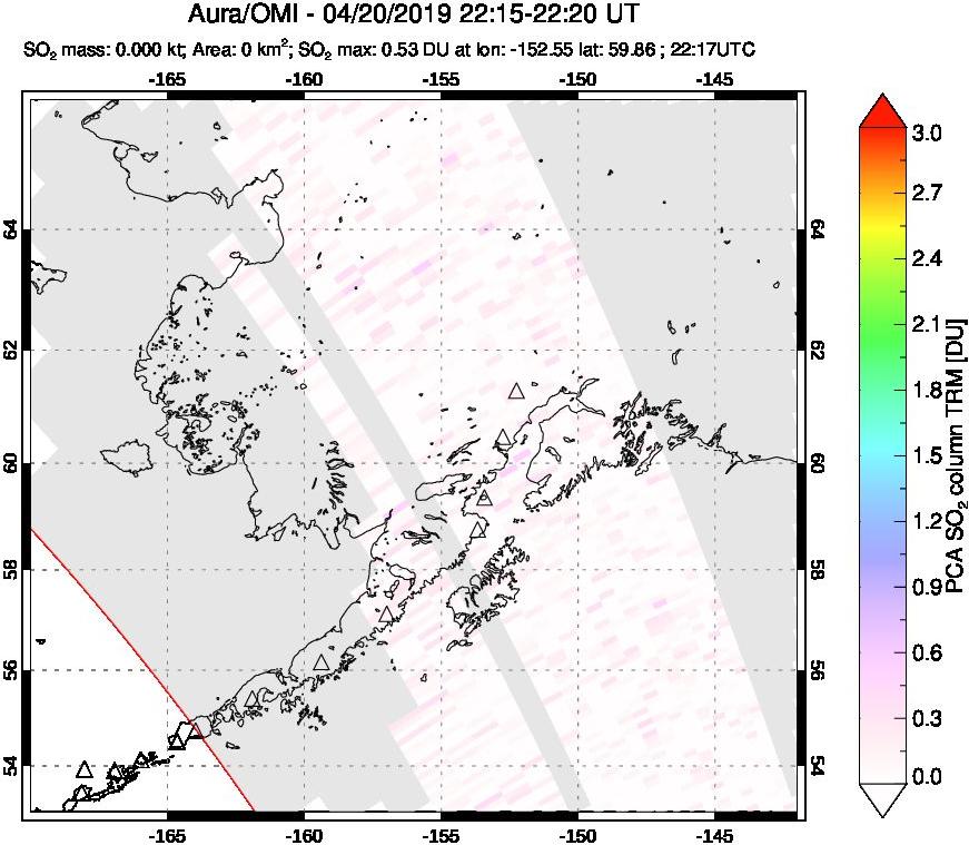 A sulfur dioxide image over Alaska, USA on Apr 20, 2019.