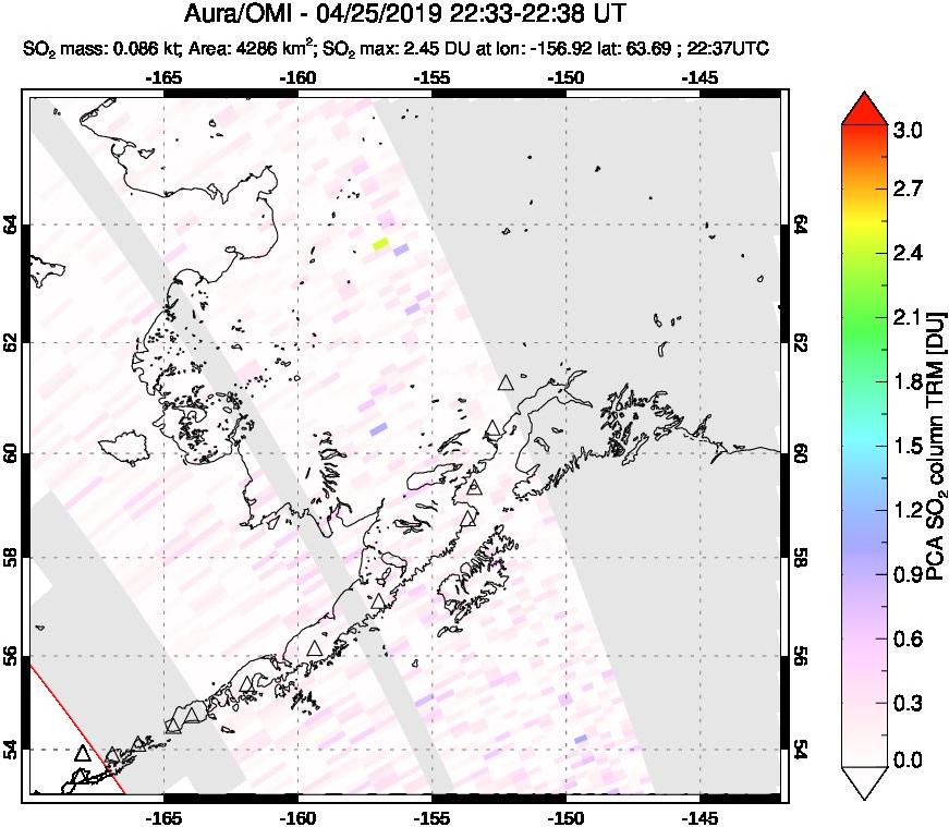 A sulfur dioxide image over Alaska, USA on Apr 25, 2019.