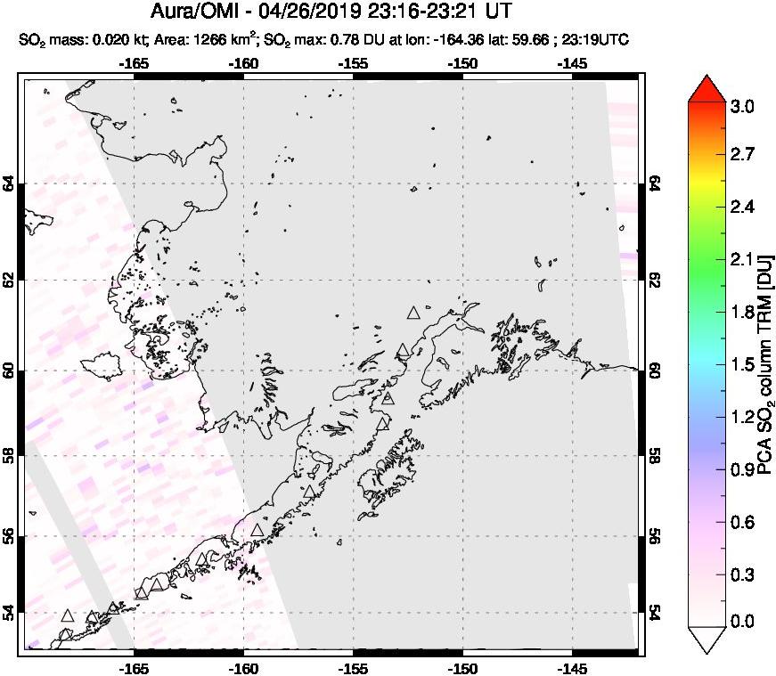 A sulfur dioxide image over Alaska, USA on Apr 26, 2019.
