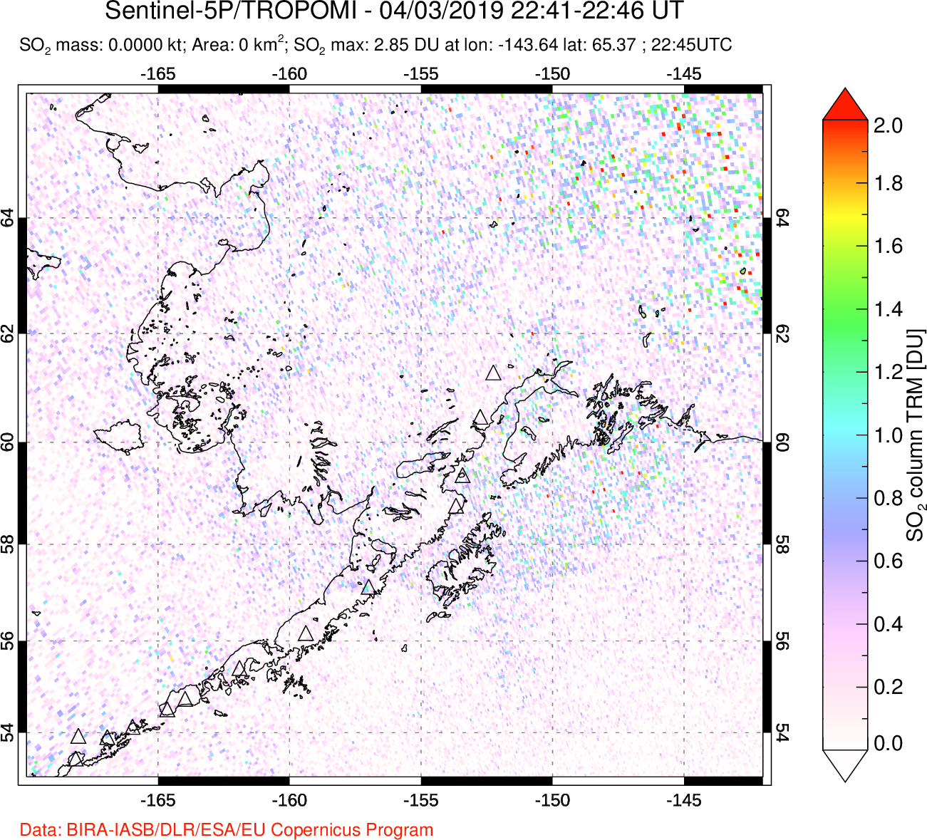 A sulfur dioxide image over Alaska, USA on Apr 03, 2019.