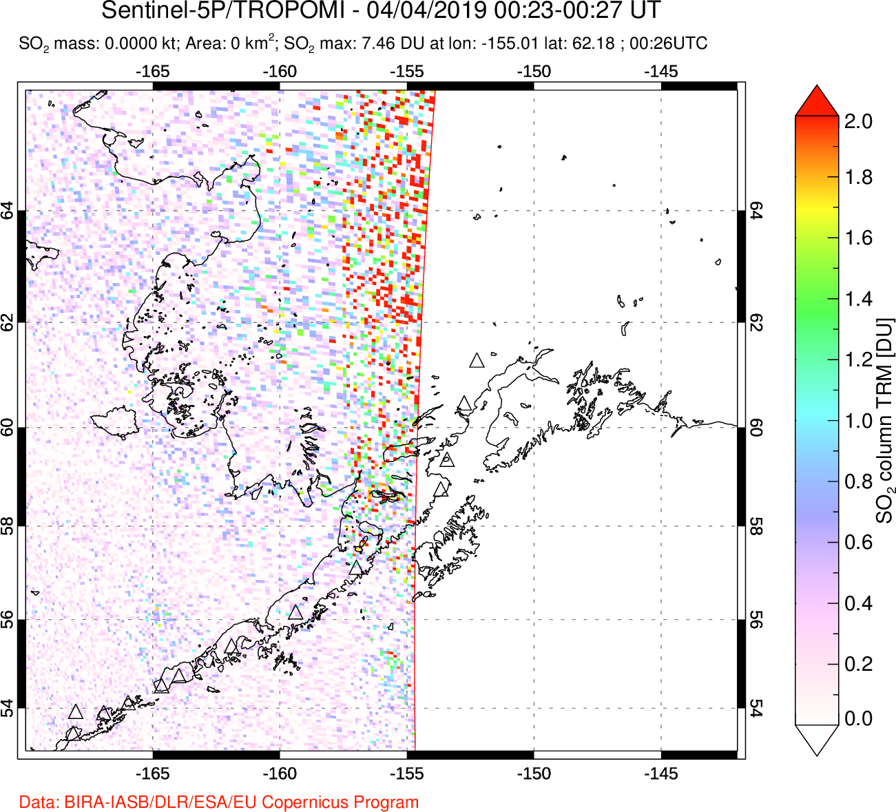 A sulfur dioxide image over Alaska, USA on Apr 04, 2019.