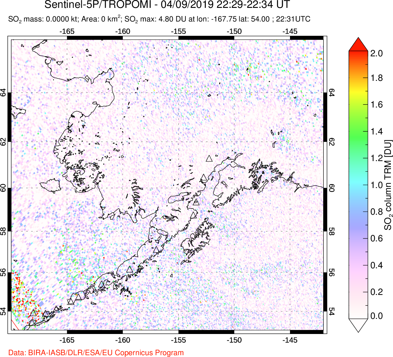 A sulfur dioxide image over Alaska, USA on Apr 09, 2019.