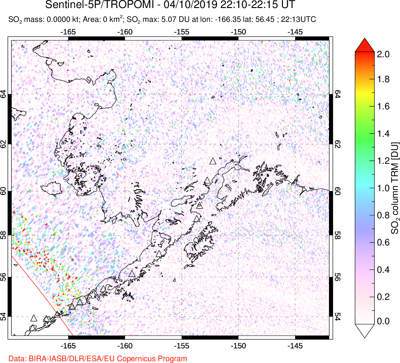 A sulfur dioxide image over Alaska, USA on Apr 10, 2019.