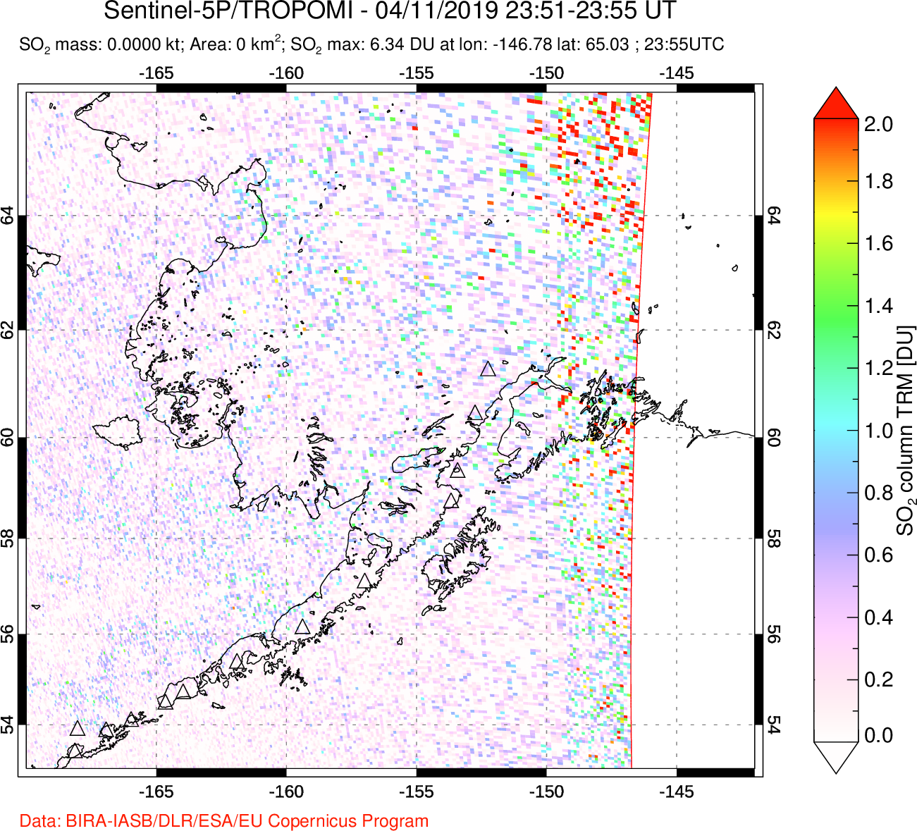A sulfur dioxide image over Alaska, USA on Apr 11, 2019.