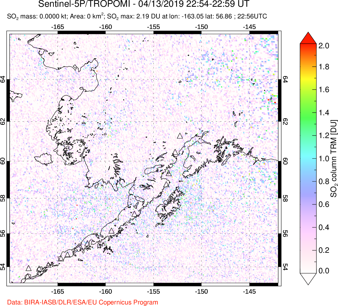 A sulfur dioxide image over Alaska, USA on Apr 13, 2019.