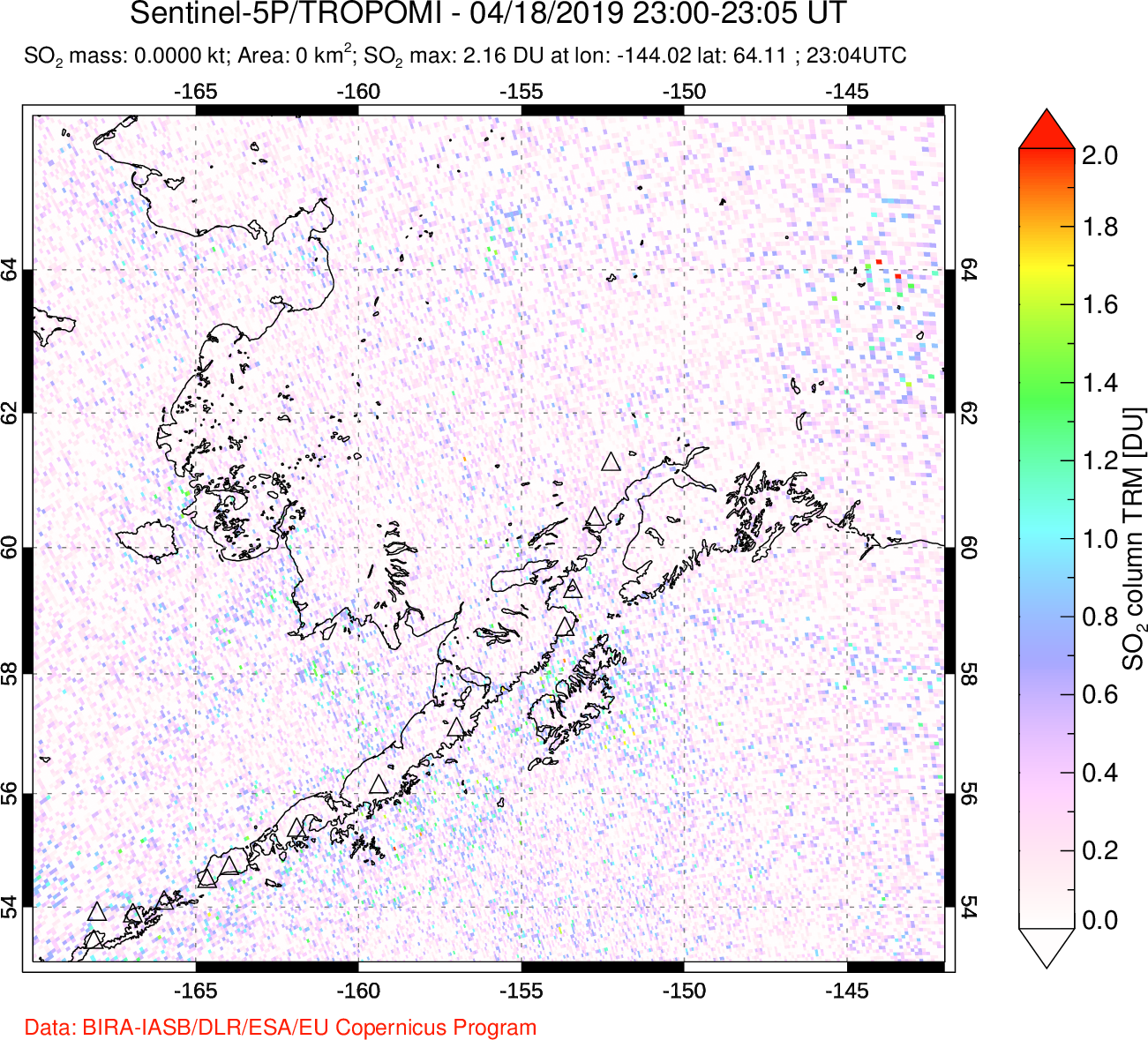 A sulfur dioxide image over Alaska, USA on Apr 18, 2019.