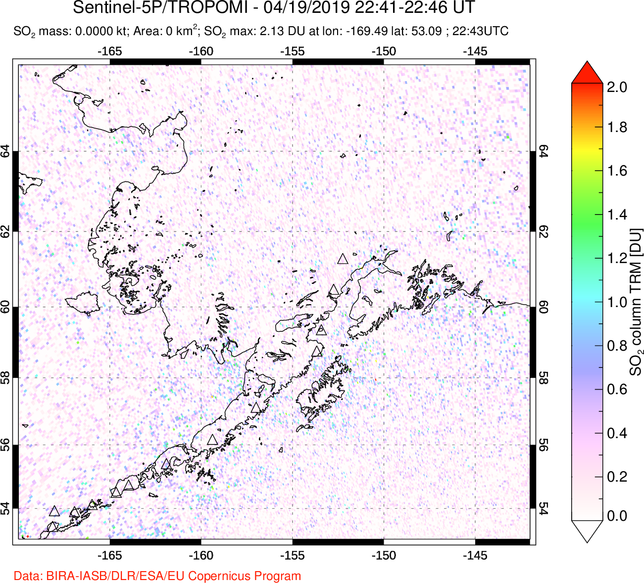 A sulfur dioxide image over Alaska, USA on Apr 19, 2019.