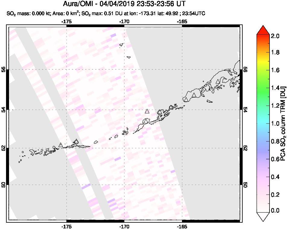 A sulfur dioxide image over Aleutian Islands, Alaska, USA on Apr 04, 2019.
