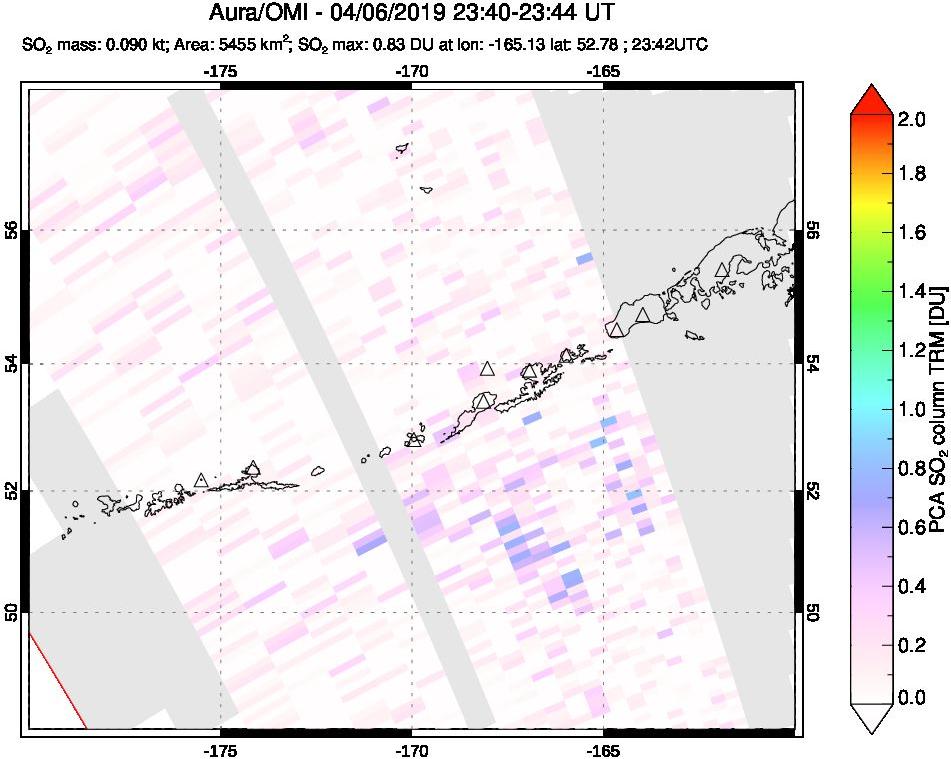 A sulfur dioxide image over Aleutian Islands, Alaska, USA on Apr 06, 2019.