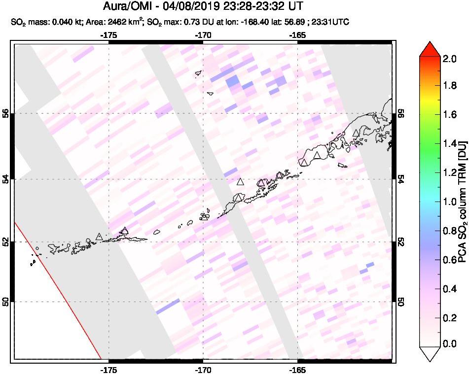 A sulfur dioxide image over Aleutian Islands, Alaska, USA on Apr 08, 2019.