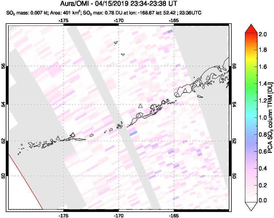 A sulfur dioxide image over Aleutian Islands, Alaska, USA on Apr 15, 2019.