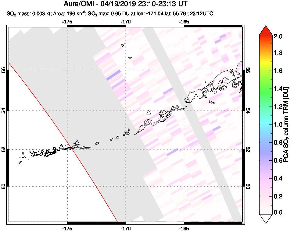 A sulfur dioxide image over Aleutian Islands, Alaska, USA on Apr 19, 2019.
